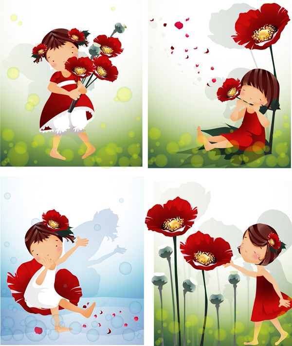 女孩-红色花朵主