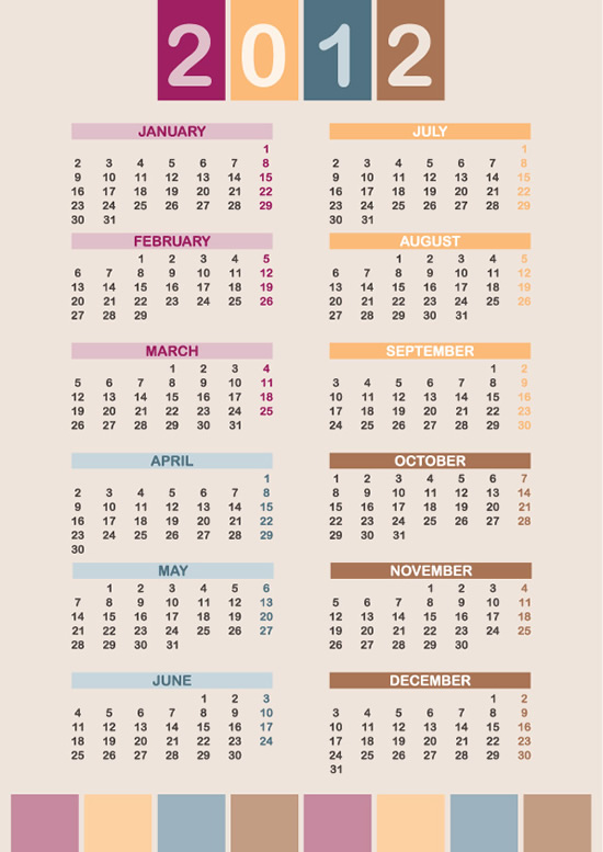 0 点 关键词: 2012新年四色年历矢量素材,,2012新年,四色年历,日历表
