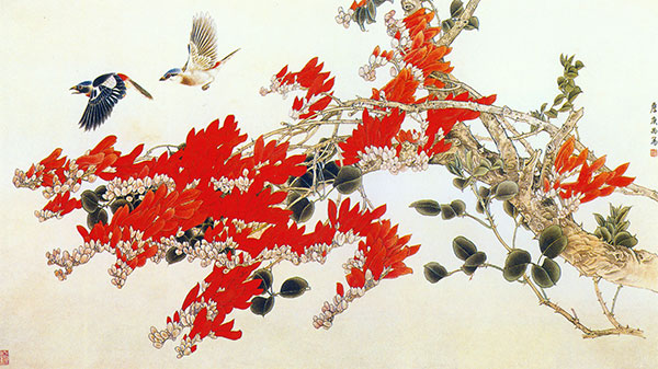 红花喜鹊水墨画