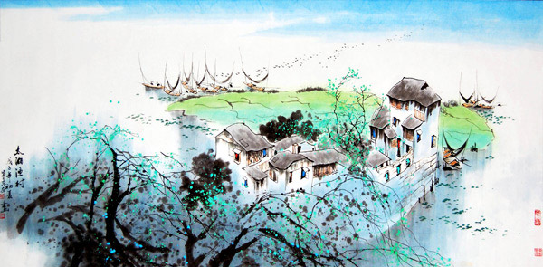 太湖渔村国画