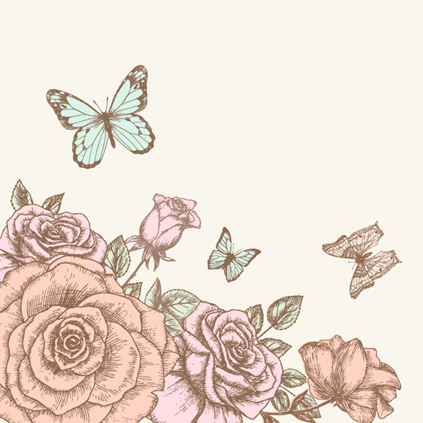 手绘玫瑰与蝴蝶