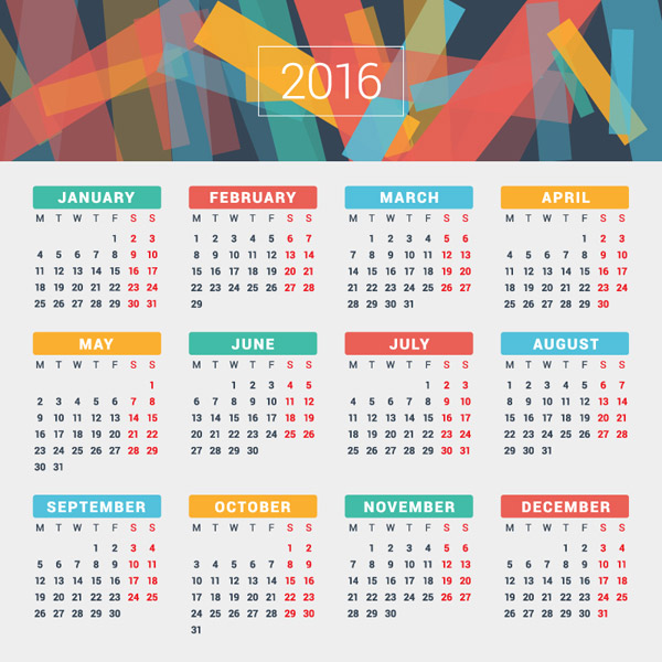 2016年彩色年历矢量图|2016年彩色年历矢量素材
