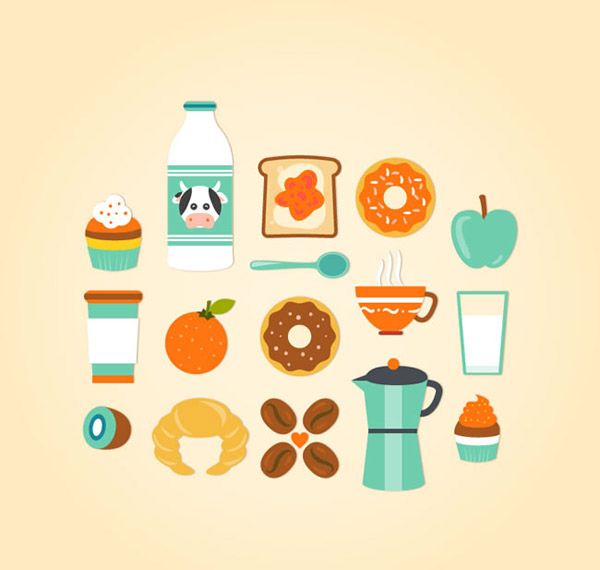 美味早餐食物矢量素材下载,纸杯蛋糕,牛奶,面包,甜甜圈,苹果,咖啡,水