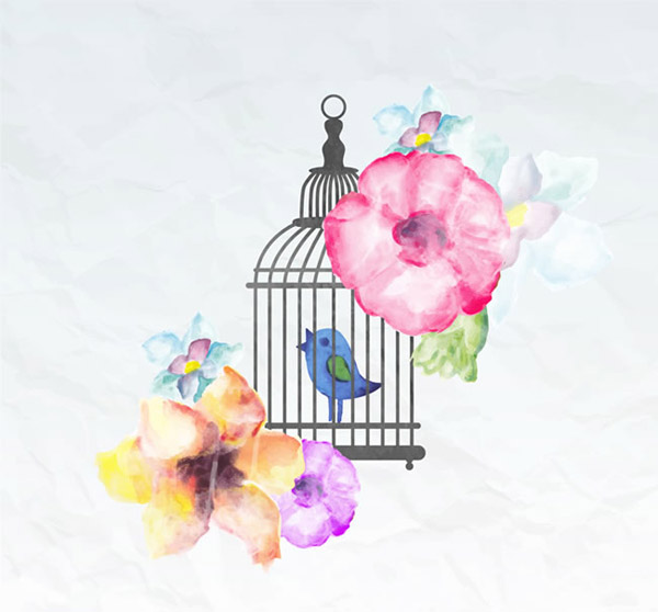 水彩花卉和鸟笼