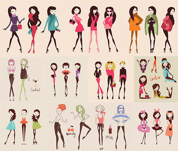 卡通时尚美女设计矢量素材,时装美女,性感女人,时尚女性,卡通美女