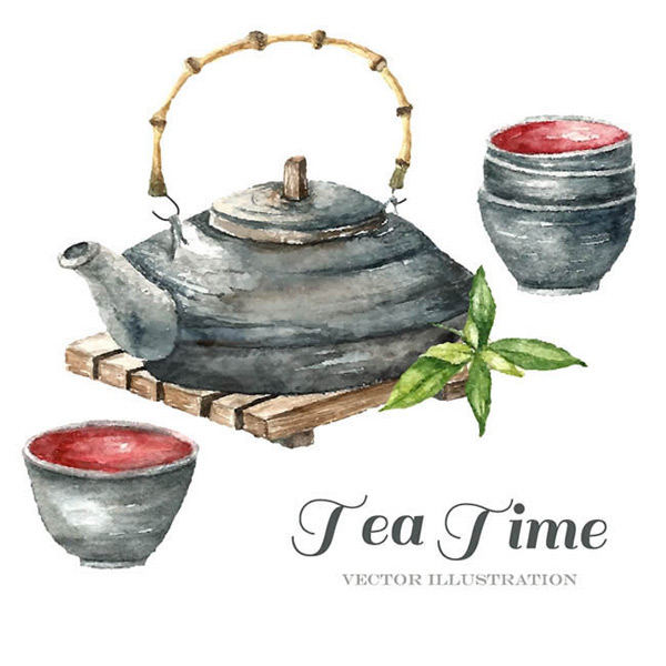 水彩绘茶壶和茶杯