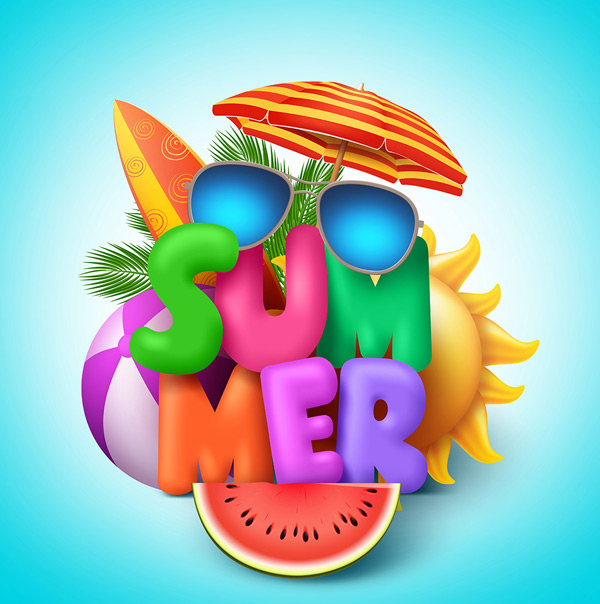 暑期出游,遮阳伞,太阳镜,冲浪板,沙滩球,太阳,西瓜,椰树,旅游海报