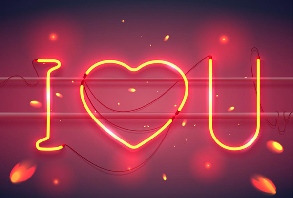 线条字母心形爱情背景矢量素材,红色发光心形线条,我爱你,iloveyou