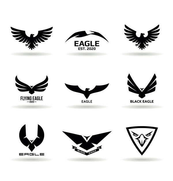 抽象老鹰标志矢量素材,鸟,猎鹰,黑色,剪影,发光,展翅飞翔,纹章,图标