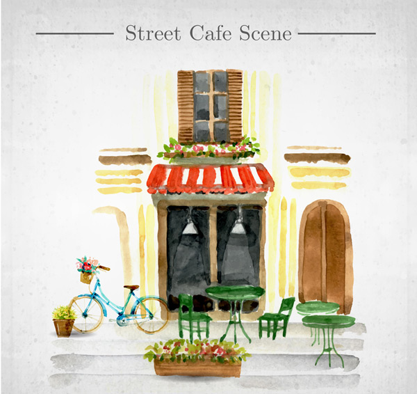 水彩绘街边咖啡店