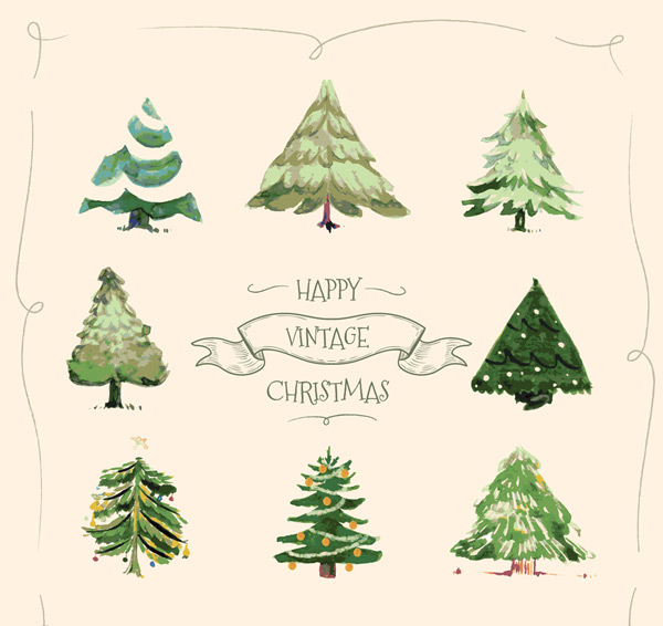 手绘复古圣诞树
