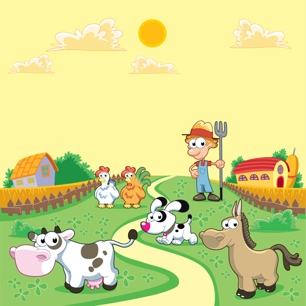 卡通矢量插画所需点数: 0 点 关键词: 卡通农场农夫和小动物风景矢量