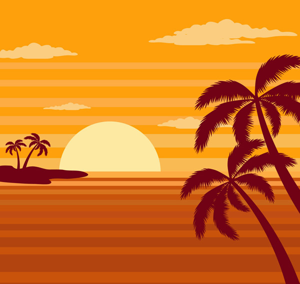 0点夕阳下的大海和棕榈树矢量图,云朵,岛屿,自然,夕阳,大海,沙滩,棕榈
