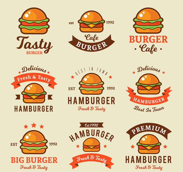 素材分类: 矢量logo图形所需点数: 0 点 关键词: 9款彩色汉堡包标志