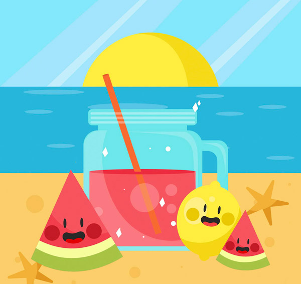 沙滩上的果汁水果