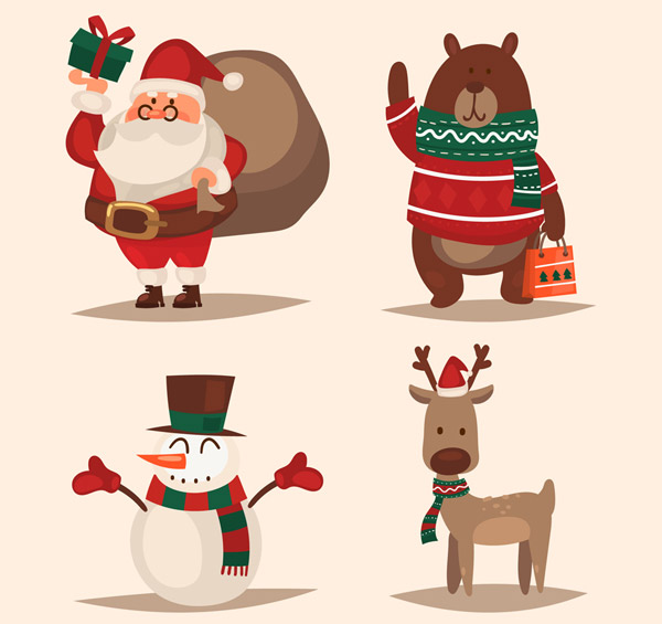 4款卡通圣诞角色矢量素材,圣诞老人,熊,雪人,驯鹿,礼物,卡通,圣诞谮