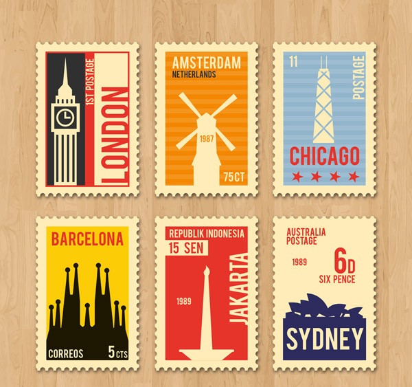 复古旅游城市邮票