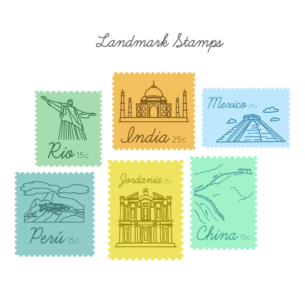 手绘旅游地标邮票