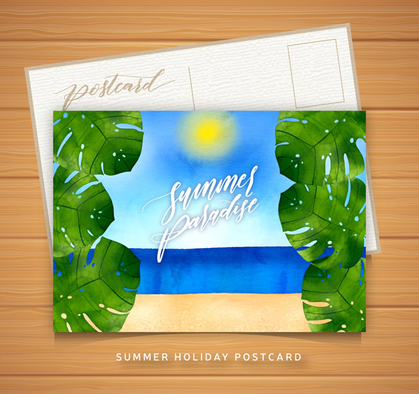 夏季沙滩绿叶明信片