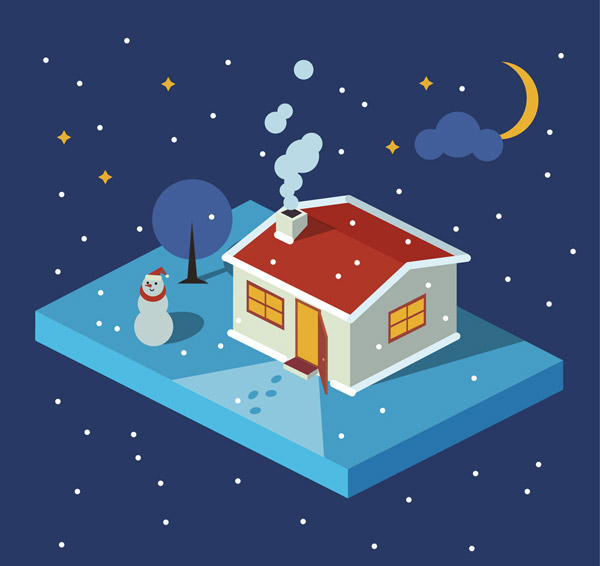 冬季夜晚房屋和雪人