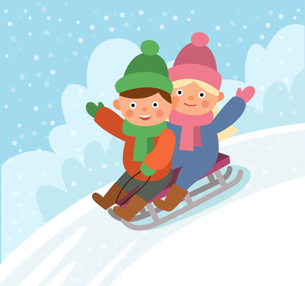 玩雪橇的2个孩子