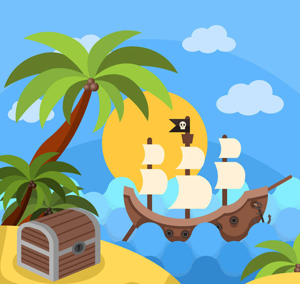 海盗船和宝箱插画