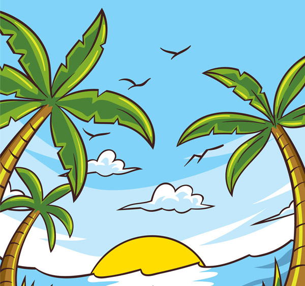 彩绘沙滩椰树风景