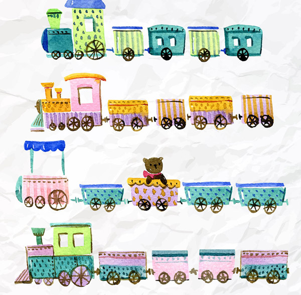 褶皱纸张上的玩具火车