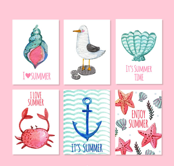 水彩绘夏季元素卡片