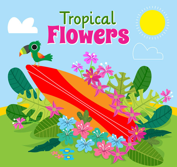 热带花卉和冲浪板