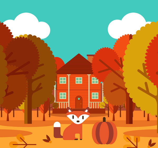 树林里的房屋和狐狸
