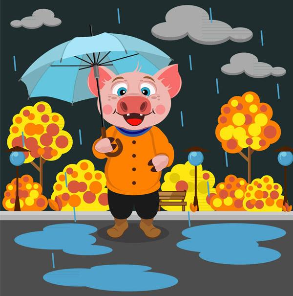 雨中撑伞的猪