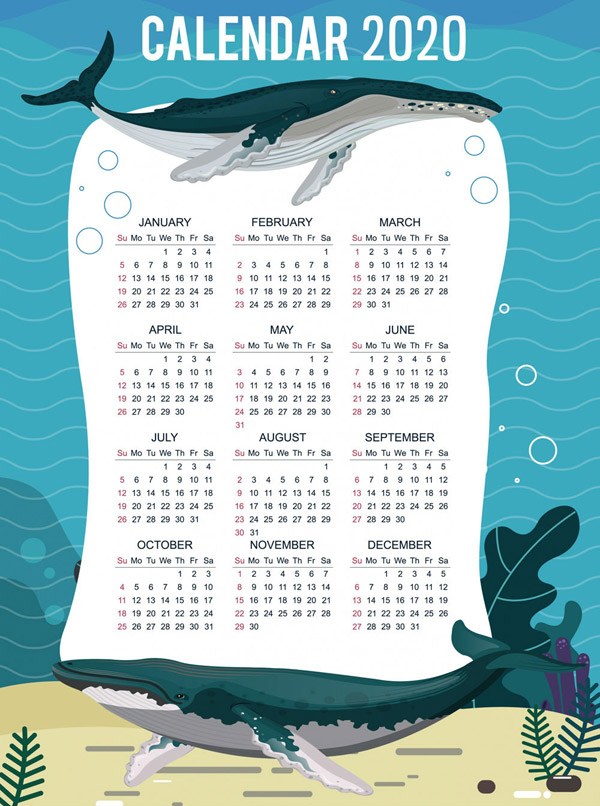 素材分类: 年历日历矢量所需点数: 0  点 关键词: 2020年创意座头鲸