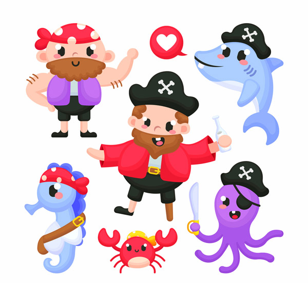 卡通海盗和海洋动物