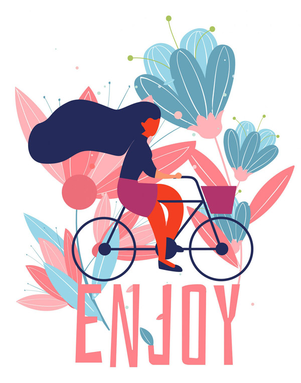骑单车女子和花卉