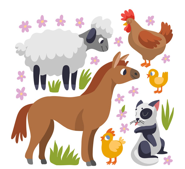 6款卡通农场动物矢量素材,花卉,绵羊,母鸡,马,鸡仔,猫,卡通,农场