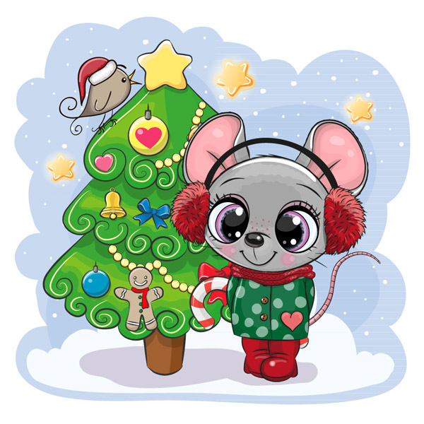 卡通圣诞树和老鼠
