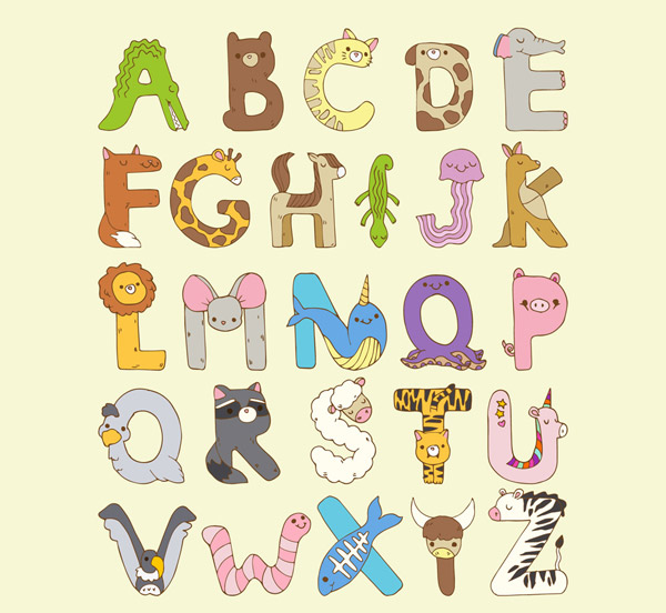 矢量艺术字所需点数:   0 点 关键词: 26个彩色动物字母艺术字矢量图