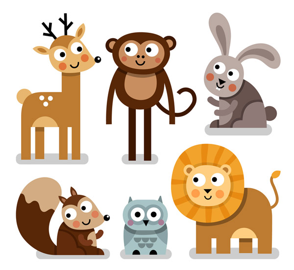 6款卡通大眼睛动物设计矢量素材,鹿,猴子,兔子,松鼠,猫头鹰,狮子,可爱