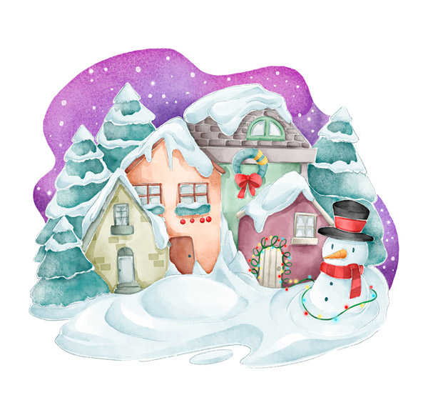 雪中的小屋和雪人