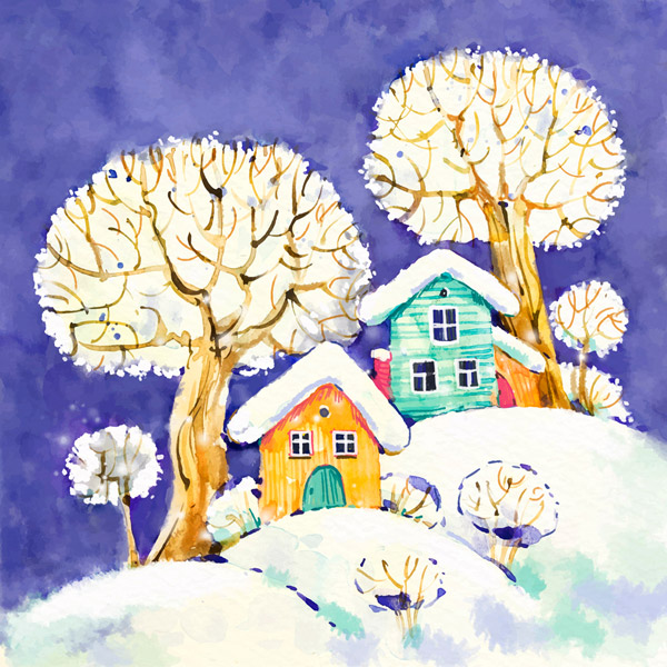 雪地上的房屋和树木