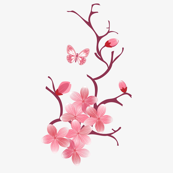 0点关键词:手绘粉色桃花树枝,花瓣,桃花树枝,蝴蝶,花,植物,鲜花,矢量
