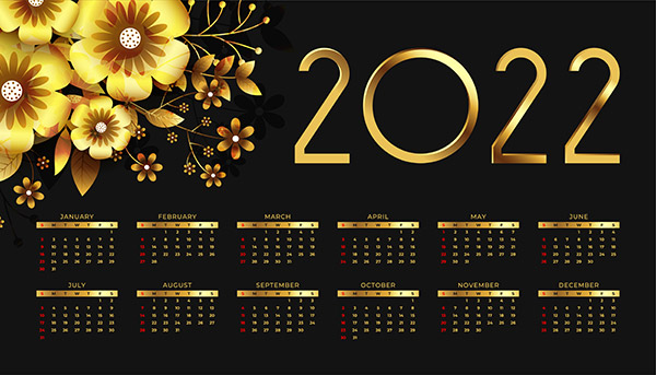 2022金色花卉装饰日历