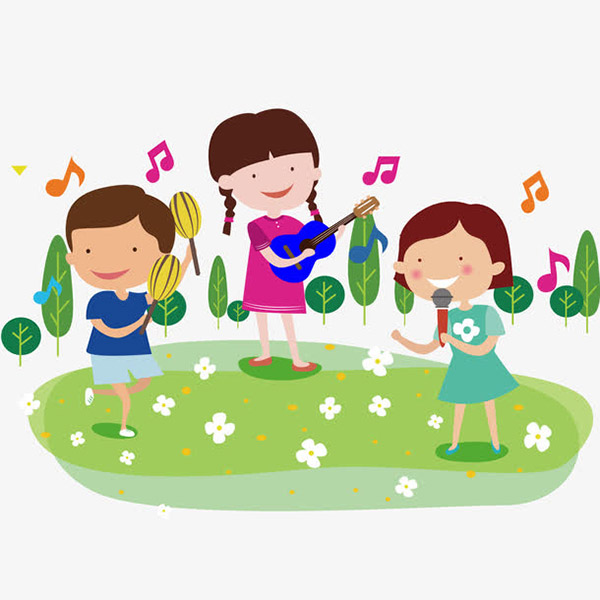 在草地演奏音乐的儿童