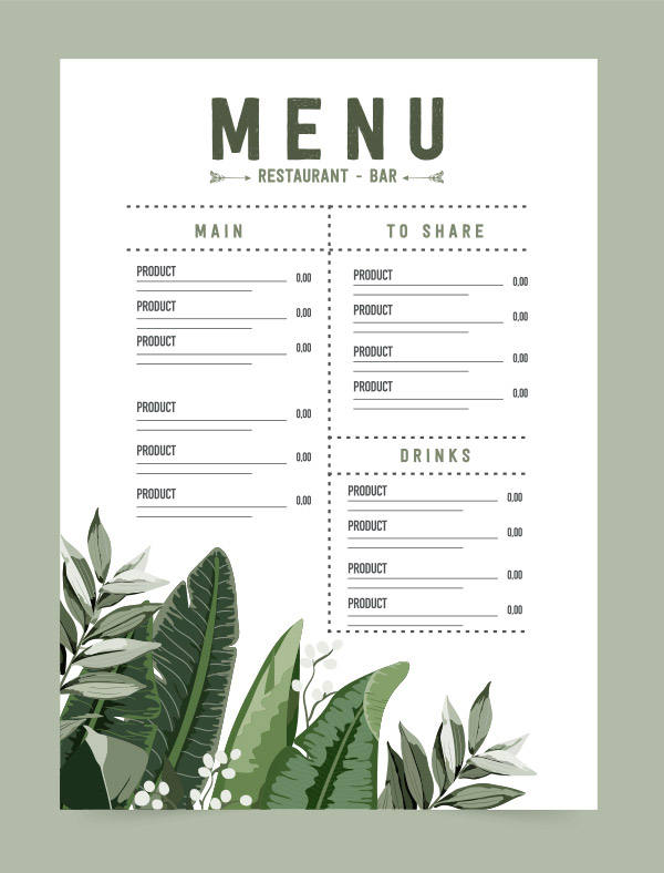 树叶装饰餐厅菜单