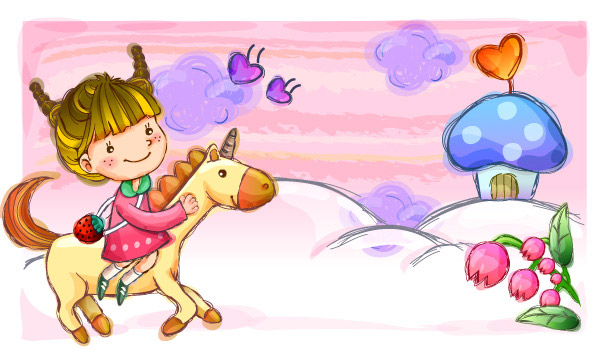 免费领取素材分类 卡通矢量插画所需点数:0点快乐童年女孩骑马矢量图