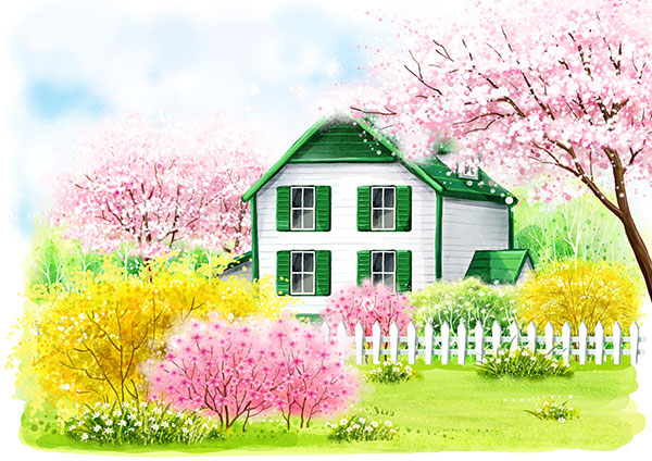 花丛中小房子插画