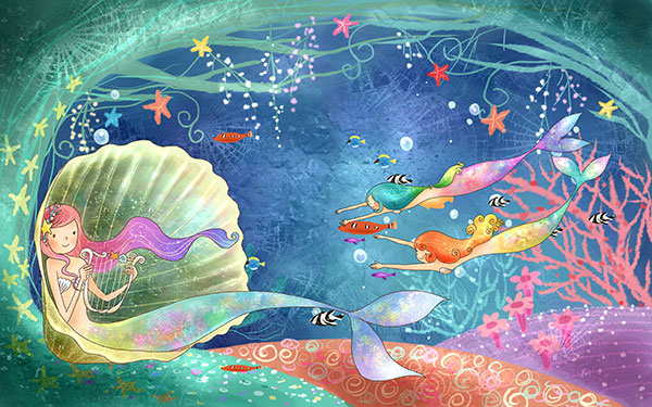 缤纷多彩海底世界,美人鱼,泡泡,海星,小鱼,唯美清新卡通插画,儿童插画