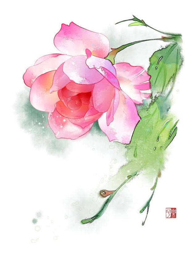 手绘水彩粉色玫瑰