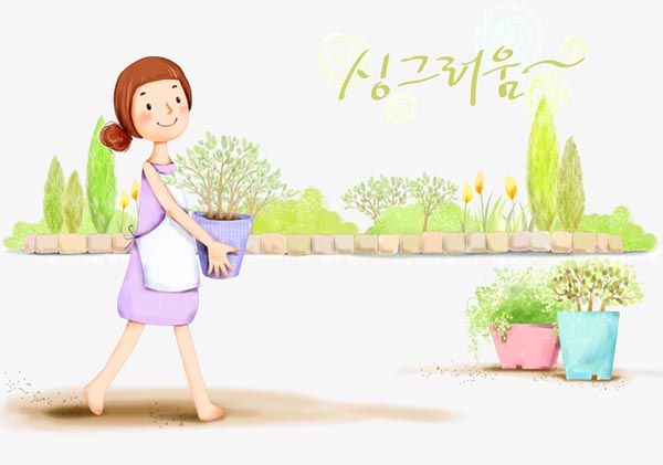 整理盆栽花的女孩插画